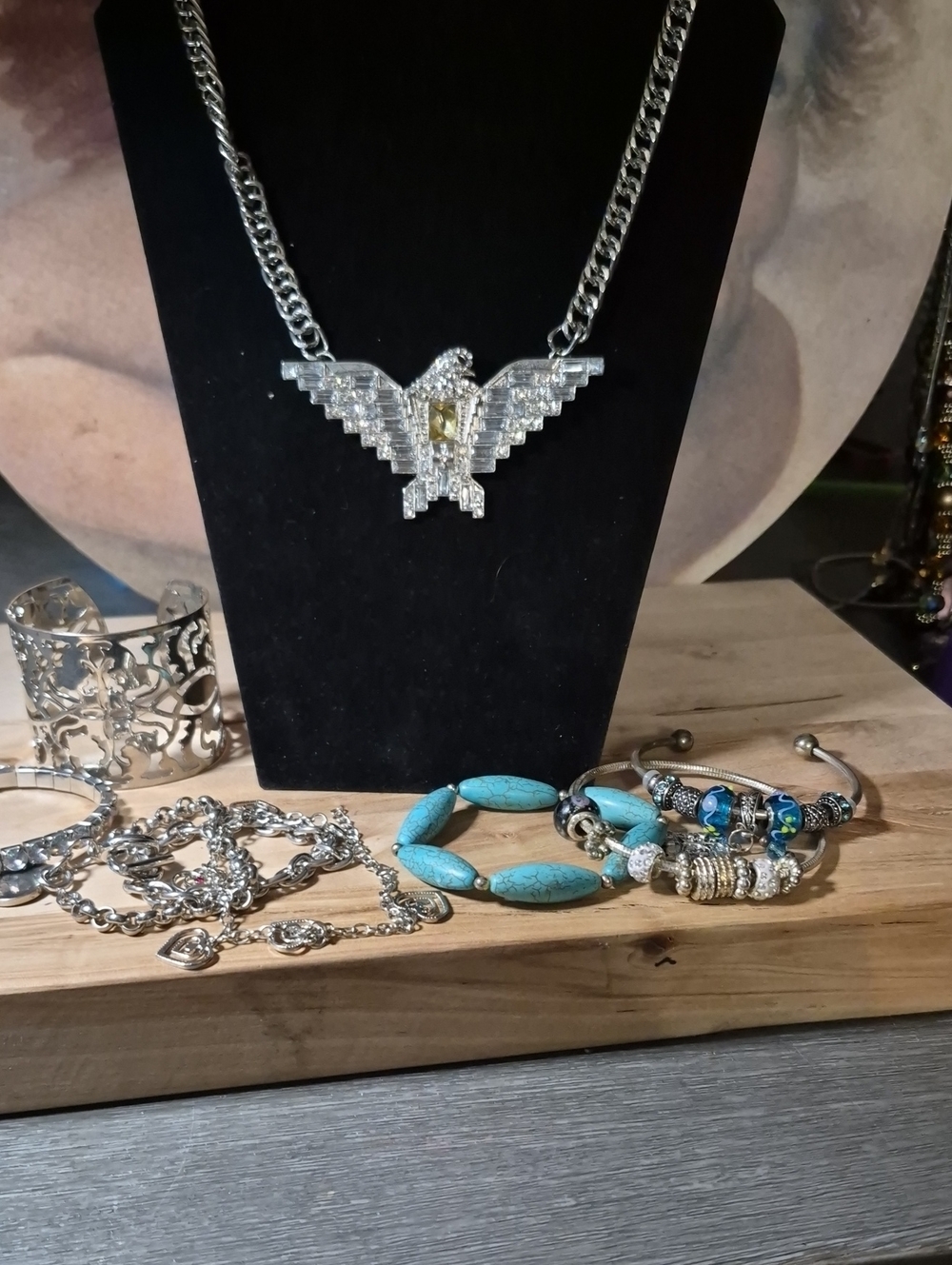 Source Unknown Silver Eagle Pendant Necklace with Turquoise Accents